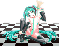 Rule 34 | 00s, 1girl, bandaid, bandaids on nipples, breasts, checkered floor, convenient censoring, detached sleeves, hatsune miku, long hair, looking at viewer, megaphone, necktie, noobcake, pasties, sitting, small breasts, solo, thighhighs, twintails, vocaloid