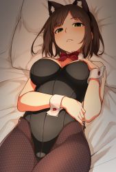 Rule 34 | 10s, 1girl, animal ears, bare arms, bare shoulders, bed sheet, black leotard, black ribbon, bow, bowtie, breasts, brown hair, cat ears, detached collar, fishnet pantyhose, fishnets, green eyes, hand on breast, hand on own chest, hatakenaka (kamagabuchi), idolmaster, idolmaster cinderella girls, kemonomimi mode, kittysuit, leotard, looking at viewer, lying, maekawa miku, medium breasts, nontraditional playboy bunny, on back, pantyhose, parted lips, pillow, red bow, red bowtie, ribbon, seductive smile, short hair, side-tie leotard, smile, solo, strapless, strapless leotard, wrist cuffs