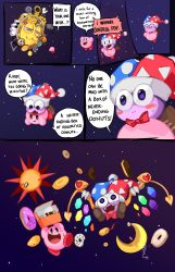 Rule 34 | absurdres, blue eyes, blush stickers, bow, bowtie, claws, comic, doughnut, english text, fangs, food, galactic nova, half-closed eyes, hat, heart, highres, jester cap, kirby, kirby (series), kirby super star, marx (kirby), matchragamuffin, moon, nintendo, no arms, no humans, open mouth, pastry box, purple eyes, red bow, red neckwear, scales, smile, space, star-shaped pupils, star (symbol), sun, sweatdrop, symbol-shaped pupils, wings, yellow wings