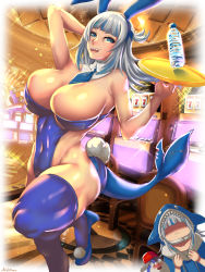 Rule 34 | 2girls, alternate breast size, animal ears, artist name, blue eyes, blush, bottle, breasts, casino, cleavage, fins, fish tail, gawr gura, highres, hololive, hololive english, huge breasts, leotard, multiple girls, necktie, playboy bunny, pout, rabbit ears, rabbit tail, shark tail, sharp teeth, tail, teeth, ultrabinou, virtual youtuber, water bottle, watermark, white hair