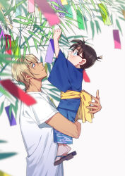 Rule 34 | 2boys, amuro tooru, arms up, bamboo, black-framed eyewear, blonde hair, blue eyes, blue kimono, blurry, brown hair, child, closed mouth, commentary request, depth of field, edogawa conan, fingernails, from side, glasses, grey background, height difference, highres, holding, holding tanzaku, japanese clothes, k (gear labo), kimono, lifting person, long sleeves, looking up, male focus, meitantei conan, multiple boys, obi, open mouth, profile, sandals, sash, shirt, short hair, short sleeves, simple background, smile, tanabata, tanzaku, upper body, white shirt, wide sleeves, yellow sash, zouri