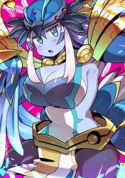 Rule 34 | 1girl, armor, armpits, ayumi t, blue eyes, blue feathers, blue skin, blush, breasts, colored skin, commentary request, duel monster, feathers, harpy, hat, large breasts, long hair, lyrilusc - ensemblue robin, monster girl, open mouth, pelvic curtain, purple hair, purple skin, shoulder armor, solo, very long hair, winged arms, wings, yu-gi-oh!