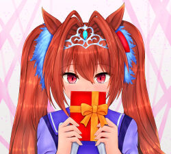 Rule 34 | 1girl, animal ears, antenna hair, blush, bow, box, commentary request, daiwa scarlet (umamusume), gift, gift box, hair between eyes, hair bow, hair intakes, highres, holding, holding box, horse ears, horse girl, long hair, looking at viewer, m172/minatsu, red bow, red eyes, red hair, school uniform, simple background, solo, tiara, tracen school uniform, twintails, two-tone background, umamusume, upper body, very long hair, white background