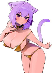 Rule 34 | 1girl, :3, ahoge, alternate breast size, animal collar, animal ear fluff, animal ears, bare shoulders, bikini, black collar, blush, braid, breasts, cat ears, cat girl, cat tail, cleavage, closed mouth, collar, commentary, dismassd, english commentary, gold bikini, hair between eyes, hair ornament, highres, hololive, large breasts, looking at viewer, navel, nekomata okayu, purple eyes, purple hair, short hair, simple background, smile, solo, swimsuit, tail, virtual youtuber