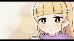 Rule 34 | 1girl, blonde hair, blunt bangs, blush, bow, chibi, closed mouth, cup, disposable cup, drinking straw, green eyes, hair bow, hairband, heanna sumire, langbazi, letterboxed, long hair, love live!, love live! superstar!!, portrait, purple scarf, red hairband, scarf, smile, solo, white bow