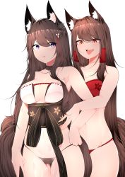 Rule 34 | 2girls, absurdres, akagi (azur lane), amagi (azur lane), amagi (wending waters serene lotus) (azur lane), animal ear fluff, animal ears, azur lane, black choker, breasts, brown hair, brown sash, brown tail, choker, cleavage, highres, large breasts, multiple girls, multiple tails, orange eyes, purple eyes, samip, simple background, swimsuit, tail, thick eyebrows, tongue, tongue out, white background, yuri