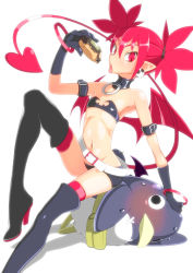 Rule 34 | 1girl, belt, bike shorts, black gloves, boots, bracelet, choker, demon girl, demon tail, demon wings, disgaea, doughnut, earrings, etna (disgaea), flat chest, food, gloves, high heel boots, high heels, highres, jewelry, matching hair/eyes, midriff, navel, open mouth, pointy ears, prinny, red eyes, red hair, simple background, sitting, skull earrings, slit pupils, strapless, tail, thigh boots, thighhighs, tongue, tongue out, tube top, twintails, white background, wings, yuuri splatoon