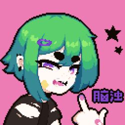 Rule 34 | 1girl, bandages, black shirt, chinese text, ear piercing, fang, green hair, hair ornament, hairclip, looking at viewer, middle finger, minimilieu, original, piercing, pink background, pixel art, purple eyes, shirt, short eyebrows, solo, star (symbol), thick eyebrows, torn clothes, translation request