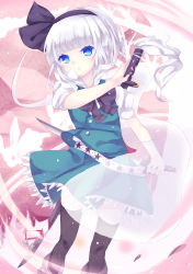 Rule 34 | 1girl, absurdres, bad id, bad pixiv id, belt, black thighhighs, blue eyes, blunt bangs, colored eyelashes, eyelashes, female focus, ghost, hairband, highres, katana, konpaku youmu, konpaku youmu (ghost), nonaka, rabbit, short hair, solo, star (symbol), sword, thighhighs, touhou, transparent, weapon, white hair