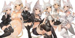 Rule 34 | 1girl, :d, akizone, animal ears, ass, asymmetrical sleeves, au ra, warrior of light (ff14), bad id, bad twitter id, bare shoulders, black footwear, black gloves, black jacket, black shorts, black skirt, black thighhighs, blush, boots, bra, braid, breasts, brown eyes, cat ears, cat tail, cheeze (akizone), choker, cleavage, closed mouth, collarbone, commentary, cropped legs, dragon horns, dragon tail, feet out of frame, final fantasy, final fantasy xiv, finger to mouth, fingerless gloves, fingernails, from behind, garter belt, gloves, grey hair, hair between eyes, hair ribbon, hand up, highres, holding, holding microphone, holding sword, holding weapon, hood, horns, index finger raised, jacket, katana, large breasts, long hair, long sleeves, looking at viewer, looking back, lying, medium breasts, microphone, midriff, multiple views, navel, off shoulder, on side, open mouth, original, panties, panties over garter belt, parted bangs, pointy ears, ribbon, scales, short hair, short sleeves, shorts, shushing, sidelocks, simple background, skindentation, skirt, smile, standing, sword, tail, thigh boots, thighhighs, thighs, tress ribbon, underwear, underwear only, uneven sleeves, v, veil, weapon, white background, white bra, white choker, white gloves, white hair, white panties, white ribbon, white thighhighs, wrist cuffs
