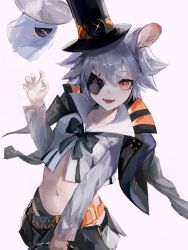 Rule 34 | 1girl, :d, animal ears, arknights, belt, black bow, black bowtie, black hat, black jacket, black skirt, bow, bowtie, click (arknights), click (grave thief) (arknights), collarbone, cowboy shot, crop top, cropped jacket, drone, floating, glint, hat, highres, jacket, jacket on shoulders, long sleeves, looking at viewer, midriff, miniskirt, mouse ears, navel, official alternate costume, one eye covered, open mouth, red eyes, sankichi (croquette crab), shirt, short hair, silver hair, simple background, skirt, smile, solo, top hat, white background, white shirt