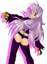 Rule 34 | 1girl, ass, belt, black gloves, black panties, fang, from behind, gloves, grin, long hair, long sleeves, looking at viewer, looking back, m.u.g.e.n, midriff, panties, purple eyes, purple shirt, purple thighhighs, shirt, smile, socks, standing, sula, sula crystal, teeth, thighhighs, thumbs down, underwear, white background, white hair, yellow gloves