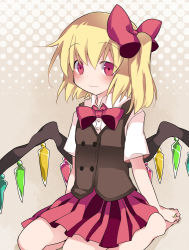 Rule 34 | 1girl, alternate costume, arms at sides, bad id, bad pixiv id, barefoot, blonde hair, bow, bowtie, buttons, closed mouth, collared shirt, crystal, double-breasted, dress shirt, eyebrows, flandre scarlet, grey background, hair bow, halftone, halftone background, hammer (sunset beach), hands on feet, miniskirt, no headwear, one side up, pleated skirt, polka dot, red bow, red bowtie, red eyes, red skirt, school uniform, seiza, shirt, short sleeves, sitting, skirt, smile, solo, touhou, vest, wariza, white shirt, wings