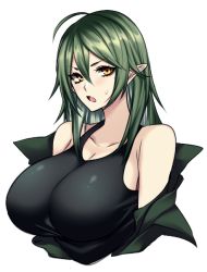 Rule 34 | 1girl, :o, ahoge, bare shoulders, black shirt, blush, breasts, cleavage, elf, eyebrows, green hair, green jacket, huge breasts, hz (666v), jacket, long hair, looking at viewer, off shoulder, open mouth, original, pointy ears, shirt, simple background, solo, tank top, tsundere, upper body, white background, yellow eyes