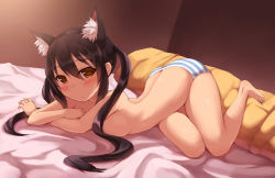 Rule 34 | 1girl, :&lt;, animal ears, bad id, bad pixiv id, bare legs, barefoot, black hair, blush, brown eyes, butt crack, cat ears, fake animal ears, k-on!, long hair, looking at viewer, lying, nakano azusa, on side, panties, panties only, solo, striped clothes, striped panties, topless, twintails, underwear, underwear only, zenn
