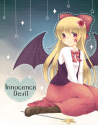 Rule 34 | 1girl, bat wings, blonde hair, boots, bow, bowtie, dotted line, elis (touhou), english text, engrish text, facial mark, female focus, flower, hair bow, hair flower, hair ornament, highly responsive to prayers, highres, kinu shi, long hair, outline, purple eyes, ranguage, sitting, smile, solo, sparkle, star (symbol), touhou, touhou (pc-98), v arms, wand, wariza, wings