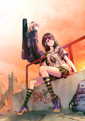 Rule 34 | 2girls, absurdres, alternate costume, arm support, backpack, bag, bike shorts, black hair, black sweater, blue eyes, bottle, breasts, buckle, bullet hole, camouflage, camouflage skirt, cityscape, closed mouth, cloud, collarbone, crack, dated, evening, expressionless, eyepatch, girls&#039; frontline, graffiti, guitar case, hair between eyes, hair ornament, handprint, headphones, headphones around neck, highres, hood, hooded sweater, instrument case, long hair, looking at another, looking away, looking back, m16a1 (girls&#039; frontline), m4a1 (girls&#039; frontline), medium breasts, multicolored hair, multiple girls, on railing, one side up, orange sky, parted lips, pink hair, pleated skirt, railing, red eyes, ruins, scar, scar across eye, scar on face, scenery, shirt, shoe print, shoes, shorts, shorts under skirt, side ponytail, sidelocks, signature, sitting, skirt, sky, sneakers, socks, st ar-15 (girls&#039; frontline), strap, streaked hair, striped clothes, striped legwear, striped socks, stuffed toy, sweater, thighhighs, thighs, vest, wangling mk san, white legwear