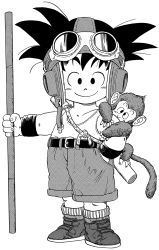 Rule 34 | 1boy, absurdres, alternate costume, animal, animal on shoulder, ankle boots, arm at side, bare arms, bare shoulders, belt, black eyes, black footwear, black hair, boots, child, closed mouth, collarbone, commentary, dragon ball, dragon ball (classic), fingernails, full body, goggles, goggles on head, greyscale, hand in pocket, happy, highres, holding, holding weapon, looking at viewer, male focus, messy hair, monkey, monkey tail, monochrome, ruyi jingu bang, official art, short shorts, shorts, simple background, smile, socks, son goku, spiked hair, standing, tail, tank top, toriyama akira, weapon, white background, white tank top, wristband