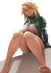 Rule 34 | 1girl, arms at sides, bare legs, barefoot, blonde hair, bow, bowtie, breasts, closed mouth, dark-skinned female, dark skin, diisuke, feet, from below, green bow, green bowtie, green jacket, guilty gear, guilty gear xrd, hair between eyes, jacket, large breasts, legs, long sleeves, looking at viewer, looking down, ramlethal valentine, shirt, simple background, sitting, smile, solo, toes, white background, white shirt, yellow eyes