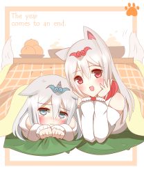 Rule 34 | 2girls, :d, animal ears, arm support, bare shoulders, blue eyes, blush, bowl, chinese zodiac, commentary request, cushion, detached sleeves, dog ears, dog girl, dog tail, english text, food, fruit, grey hair, hair between eyes, hands on own face, head tilt, highres, horns, kotatsu, long hair, long sleeves, looking at viewer, lying, mandarin orange, multiple girls, non (wednesday-classic), on stomach, open mouth, original, personification, pillow, pillow grab, red eyes, single horn, smile, table, tail, tail raised, under kotatsu, under table, very long hair, year of the dog, zabuton