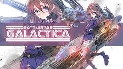 Rule 34 | 1girl, battlestar galactica, belt, black footwear, black pantyhose, blue eyes, broken, commission, crossover, damaged, fire, galactica chan, glasses, gloves, highres, injury, kantai collection, long hair, looking at viewer, machinery, military, military uniform, open mouth, orange hair, original, panties, panties under pantyhose, pantyhose, poster (medium), rigging, shoes, skirt, smoke, socks, soot, spaceship, striped, sydus, thighhighs, thighs, torn clothes, turret, underwear, uniform, weapon