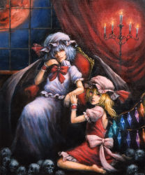 Rule 34 | 2girls, back cutout, barefoot, bat wings, blonde hair, blue hair, bow, brooch, candle, candlestand, chair, clothing cutout, curtains, fire, flandre scarlet, frilled skirt, frills, full body, full moon, hair over one eye, hat, hat bow, head tilt, indoors, jewelry, johnalay, lavender shirt, lavender skirt, legs, long skirt, looking at viewer, mob cap, moon, multiple girls, night, night sky, oil painting (medium), painting (medium), pink shirt, red eyes, red moon, red skirt, red vest, remilia scarlet, shirt, short sleeves, siblings, side ponytail, signature, sisters, sitting, skirt, skirt set, skull, sky, smile, touhou, traditional media, vest, wariza, wings, wrist cuffs