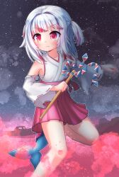 Rule 34 | 1girl, alternate costume, blood, blush, boat, closed mouth, cloud, commentary request, detached sleeves, fang, fins, fish tail, gawr gura, gohei, hakama, hakama skirt, highres, holding, hololive, hololive english, japanese clothes, miko, multicolored hair, night, night sky, outdoors, partial commentary, red eyes, red hair, red skirt, reflect (gawr gura), ribbon-trimmed sleeves, ribbon trim, shark tail, shirt, short hair, skirt, sky, solo, star (sky), starry sky, streaked hair, tail, virtual youtuber, watercraft, weh, white hair, white shirt