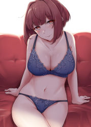 Rule 34 | 1girl, absurdres, arm support, bare arms, bare legs, bare shoulders, blunt bangs, blush, bra, breasts, brown eyes, brown hair, cleavage, closed mouth, collarbone, couch, crossed legs, groin, highres, kiritto, lace, lace-trimmed bra, lace-trimmed panties, lace trim, large breasts, lingerie, looking at viewer, navel, original, panties, short hair, sitting, smile, solo, underwear, underwear only