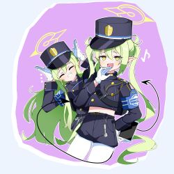 Rule 34 | 2girls, absurdres, black hat, black jacket, black shorts, black tail, blue archive, blush, closed eyes, earrings, fang, green hair, green halo, grin, hair between eyes, halo, hat, hikari (blue archive), nozomi (blue archive), highres, jacket, jewelry, long hair, long sleeves, multiple girls, open mouth, pantyhose, peaked cap, pointy ears, qri, shorts, single earring, skin fang, smile, white pantyhose, yellow eyes