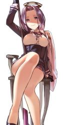 Rule 34 | 10s, 1girl, arm at side, arm up, bare legs, black footwear, black gloves, black skirt, breasts, chair, closed mouth, floating, floating object, fujita (condor), gloves, halo, kantai collection, knee up, large breasts, long sleeves, looking at viewer, mechanical halo, no legwear, on chair, pleated skirt, purple eyes, purple hair, red ribbon, ribbon, shade, shaded face, shirt, shoes, short hair, simple background, sitting, skirt, smile, solo, tatsuta (kancolle), underbust, white background, white shirt