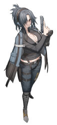 Rule 34 | 1girl, absurdres, angelia (girls&#039; frontline), belt, black footwear, black shirt, blue cloak, blue pants, boots, breasts, brown eyes, cheogtanbyeong, cleavage, cloak, commission, dog tags, ear protection, from above, full body, girls&#039; frontline, gun, hair over one eye, handgun, hands up, highres, holding, holding weapon, large breasts, long sleeves, looking at viewer, mechanical arms, mechanical legs, medium breasts, medium hair, midriff, mp-443 grach, open mouth, pants, ponytail, scar, scar on face, shirt, single mechanical arm, single mechanical leg, smile, solo, standing, trigger discipline, weapon