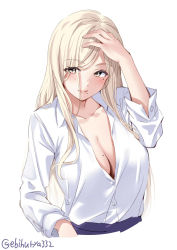 Rule 34 | 1girl, blonde hair, blue eyes, breasts, cleavage, collarbone, cowboy shot, denim, ebifurya, hair between eyes, highres, jeans, kantai collection, lips, long hair, long sleeves, looking at viewer, mature female, medium breasts, mole, mole on breast, mole under eye, mole under mouth, no bra, official alternate costume, one-hour drawing challenge, open clothes, pants, richelieu (kancolle), shirt, simple background, smile, solo, twitter username, white background, white shirt