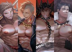 Rule 34 | 4boys, abs, absurdres, animal collar, animal ears, bara, bare pectorals, black gloves, black skirt, chinese zodiac, collar, dog boy, dog ears, earrings, facepaint, fingerless gloves, fur trim, gloves, highres, jewelry, lanyu (lanyu1227), male focus, monkey boy, multiple boys, navel, necklace, nipples, open clothes, open shirt, original, pectorals, piercing, scar, scar on face, scar on mouth, shirt, skirt, smile, teeth, tongue, tongue out, tongue piercing, year of the dog, year of the monkey