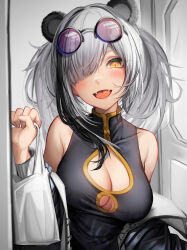 Rule 34 | 1girl, :d, absurdres, animal ears, arknights, bag, bare shoulders, breasts, cleavage, cleavage cutout, clothing cutout, eyewear on head, fangs, feater (arknights), grey hair, hair over one eye, highres, holding, holding bag, large breasts, looking at viewer, medium hair, open mouth, panda ears, round eyewear, smile, solo, sunglasses, tab head, yellow eyes
