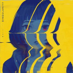 Rule 34 | 1girl, album cover, aurahack, black hair, chromatic aberration, cover, highres, hood, hoodie, kuraine (musician), original, portrait, red eyes, solo