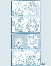 Rule 34 | 2girls, ahoge, blue theme, comic, gambier bay (kancolle), hair over one eye, hamanami (kancolle), happy, headband, highres, kantai collection, ma rukan, monochrome, multiple girls, shy, silent comic, sweat, nervous sweating, twintails
