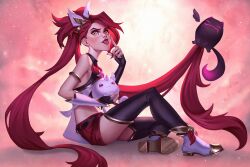 Rule 34 | 1girl, akanbe, bare shoulders, belt, black belt, black gloves, black thighhighs, bow, bowtie, ear piercing, earrings, eyelid pull, fingerless gloves, from side, gloves, hair ornament, highres, holding, jewelry, jinx (league of legends), league of legends, long hair, official alternate costume, orange eyes, piercing, red bow, red bowtie, red hair, red shorts, shorts, single sleeve, sitting, smile, star guardian (league of legends), star guardian jinx, thighhighs, tongue, tongue out, twintails, vatheja, very long hair, white footwear, white sleeves