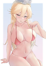 Rule 34 | 1girl, bare arms, bare legs, bare shoulders, barefoot, bikini, blonde hair, blue eyes, blush, breasts, collarbone, hair between eyes, highres, iowa (kancolle), kantai collection, large breasts, long hair, navel, red bikini, sakieko, solo, star-shaped pupils, star (symbol), swimsuit, symbol-shaped pupils, tongue, tongue out