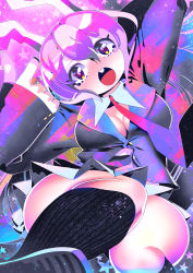 Rule 34 | 1girl, :o, abstract background, animal ears, ass, black socks, blazer, blush, breasts, cleavage, detached collar, finger gun, hakkasame, highres, jacket, long hair, long sleeves, medium breasts, necktie, open mouth, pink eyes, pleated skirt, purple hair, rabbit ears, reisen udongein inaba, shoes, skirt, socks, solo, thick thighs, thighs, touhou, white skirt