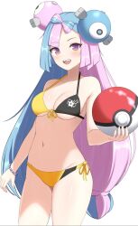 Rule 34 | 1girl, :d, alternate costume, ball, bead bracelet, beads, bikini, blue hair, blush, bracelet, breasts, character hair ornament, cleavage, commentary request, cowboy shot, creatures (company), game freak, hair ornament, highres, holding, holding ball, iono (pokemon), jewelry, long hair, looking at viewer, medium breasts, multicolored hair, navel, nintendo, open mouth, pokemon, pokemon sv, purple eyes, purple hair, sharp teeth, shiny skin, side-tie bikini bottom, simple background, smile, solo, surippa1010, swimsuit, teeth, tongue, two-tone hair, upper teeth only, white background