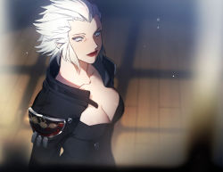 Rule 34 | 1girl, black coat, breasts, chinese commentary, cleavage, coat, collarbone, collared coat, commentary request, day, final fantasy, final fantasy xiv, from above, hair pulled back, indoors, light particles, looking at viewer, mature female, medium breasts, merlwyb bloefhiswyn, red lips, roegadyn, short hair, smile, solo, standing, sunlight, upper body, white eyes, white hair, wooden floor, wuliu heihuo