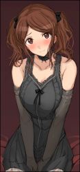 Rule 34 | 1girl, alternate costume, amagami, bad id, bad twitter id, bare shoulders, breasts, brown eyes, brown hair, choker, elbow gloves, gloves, lace, lace choker, looking at viewer, medium breasts, mobu, nakata sae, red background, smile, solo, v arms