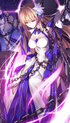 Rule 34 | 1girl, absurdres, archetype earth, arcueid brunestud, bare shoulders, blonde hair, blue gloves, blue skirt, breasts, chain, cleavage, detached collar, detached sleeves, dress, fate/grand order, fate (series), flower, gloves, hair flower, hair ornament, herigaru (fvgyvr000), highres, large breasts, long hair, multicolored clothes, multicolored skirt, red eyes, restrained, skirt, tsukihime, very long hair, white dress