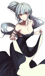 Rule 34 | 1girl, absurdres, black dress, blunt bangs, breasts, cleavage, dress, highres, nail polish, off shoulder, original, ponytail, red eyes, skirt hold, solo, wata (attaka towel), white background, white hair