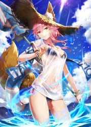 Rule 34 | 1girl, animal, animal ear fluff, animal ears, bikini, bikini under clothes, bird, blue bikini, blue sky, blush, bracelet, breasts, character name, closed mouth, cloud, commentary request, covered navel, cowboy shot, day, ears through headwear, fate/grand order, fate (series), finger to mouth, fox ears, fox tail, gabiran, hair between eyes, hat, head tilt, holding, innertube, jewelry, long hair, looking at viewer, medium breasts, outdoors, parasol, pink hair, pixiv fate/grand order contest 2, see-through, shirt, side-tie bikini bottom, side-tie bottom, sky, smile, solo, standing, straw hat, sunlight, swim ring, swimsuit, tail, tamamo (fate), tamamo no mae (fate/extra), tamamo no mae (swimsuit lancer) (fate), tamamo no mae (swimsuit lancer) (second ascension) (fate), umbrella, wading, water, wet, wet clothes, wet shirt, white shirt, wind, yellow eyes