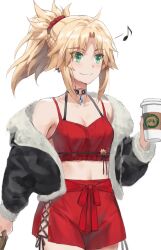 Rule 34 | 1girl, artoria pendragon (fate), bare shoulders, blonde hair, blush, braid, breasts, choker, collarbone, cup, earrings, fang, fate/apocrypha, fate/grand order, fate (series), green eyes, hair ornament, hair scrunchie, half up braid, high-waist shorts, highres, holding, holding cup, jacket, jewelry, long hair, medium breasts, mordred (fate), mordred (fate/apocrypha), o-ring, o-ring choker, ponytail, red scrunchie, scrunchie, shirt, shorts, sidelocks, sleeveless, sleeveless shirt, smile, solo, tonee, white background