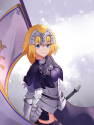 Rule 34 | 1girl, april cho, armor, armored dress, bad id, bad pixiv id, banner, black dress, black thighhighs, blonde hair, blue eyes, blush, chain, cowboy shot, dress, fate/apocrypha, fate (series), from side, gauntlets, hair between eyes, highres, jeanne d&#039;arc (fate), jeanne d&#039;arc (ruler) (fate), long hair, looking at viewer, smile, solo, standing, sword, thighhighs, weapon