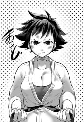 Rule 34 | 1girl, belt, black belt, breasts, bruise, bruise on face, choker, cleavage, collarbone, commentary request, dougi, facing viewer, frown, greyscale, injury, large breasts, makoto (street fighter), marimo (yousei ranbu), martial arts belt, monochrome, ribbon choker, short hair, solo, sports bra, star (symbol), starry background, street fighter, street fighter iii (series), tomboy