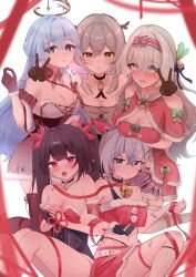 6+girls :o @_@ bare_shoulders bell black_choker black_gloves black_halo blue_hair blush bow breast_rest breasts breasts_on_head brown_hair chest_tattoo choker cleavage commentary_request covered_navel crop_top double_v dress fingerless_gloves firefly_(honkai:_star_rail) flower_tattoo frown fur-trimmed_dress fur-trimmed_gloves fur-trimmed_skirt fur_trim gloves green_bow green_eyes grey_hair hair_between_eyes hair_ribbon halo highres honkai:_star_rail honkai_(series) jingle_bell large_breasts light_blue_hair long_hair looking_at_viewer multiple_girls neck_bell nekokuro_(geja5355) open_mouth own_hands_together parted_lips purple_eyes purple_hair red_eyes red_skirt ribbon robin_(honkai:_star_rail) silver_wolf_(honkai:_star_rail) single_glove skirt smile sparkle_(honkai:_star_rail) stelle_(honkai:_star_rail) stomach strapless strapless_dress tattoo trailblazer_(honkai:_star_rail) twintails v very_long_hair yellow_eyes