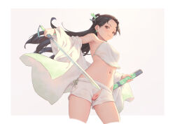 Rule 34 | 1girl, bigrbear, black hair, breasts, brown eyes, chinese clothes, cleft of venus, coat, cropped legs, dudou, earrings, holding, holding sword, holding weapon, jewelry, long hair, looking at viewer, medium breasts, navel, open clothes, open coat, original, pussy, shorts, solo, sword, two-tone background, uncensored, weapon, white coat